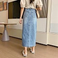 Miniatyrbilde 2 av 5: Kvinners Casual Høy Midje Solid Button Up Denim Jean Skjørt, størrelse