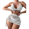 Miniatyrbillede 5 af 5: Dame 2-delt Strand Badedragt Muslingeskaller Hæklet Halter Bikinis Badedragt med Sarong Nederdel Strandtøj Khaki M Khaki M