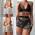 Miniatyrbillede 4 af 5: Dame 2-delt Strand Badedragt Muslingeskaller Hæklet Halter Bikinis Badedragt med Cover up Slå-om Nederdel Strandtøj Sort S Black S