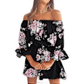 Miniatyrbillede 5 af 5: Dame Casual Blomsterprint Off Shoulder Trompetærme Swing Kjole (style6078)