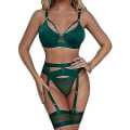 Miniatyrbillede 1 af 5: Sexet lingerisæt til kvinder 4 dele BH og trussesæt med strømpebånd Strappy lingerisæt med lårbånd.S.grøn Green S