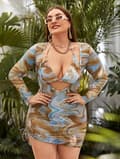 Kvinners Plus Size Bikini Set Mesh Snøring Halterneck 3 Deler Svømmetøy