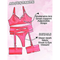 Miniatyrbilde 4 av 5: Sexy undertøyssett for kvinner, 4-delt BH- og trusesett med strømpebelte, stroppeundertøyssett med lårstropper. XL. Rosa Pink XL