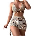 Miniatyrbillede 1 af 5: Dame 2-delt Strand Badedragt Muslingeskaller Hæklet Halter Bikinis Badedragt med Sarong Nederdel Strandtøj Khaki M Khaki M