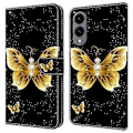 Miniatyrbillede 1 af 5: Læderetui med mønstertryk, tegnebog, stativ og flip-cover til Samsung Galaxy S25 Edge Golden Butterflies