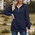 Miniatyrbillede 4 af 5: Dame Hættetrøje Ensfarvet Langærmet Kvart Lynlås Pullover Toppe med Store Forlommer til Efterår Vinter Marineblå M