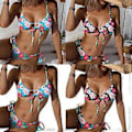 Miniatyrbillede 2 af 5: Dame Split Badedragt Tanga Komfortabel 2-delt Stroppy Svømmedragt Wrap Højbenet Strandtøj Halter String Bikinisæt Tryk på blå baggrund M Printing on blue bac M