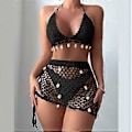 Miniatyrbillede 5 af 5: Dame 2-delt Strand Badedragt Muslingeskaller Hæklet Halter Bikinis Badedragt med Cover up Slå-om Nederdel Strandtøj Sort S Black S