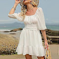 Miniatyrbilde 2 av 5: Hvit XL Dame Halv Lantern Erme Knyting i Ryggen Kjole Volanger Off Shoulder Mini Kjole For Sommer