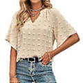 Miniatyrbilde 1 av 5: Aprikos L V-hals Sveitsisk Prikk Topp Dame Vår Sommer Løs Casual Elegant Ren Farge Skjorte Bluse for Kontorarbeid