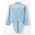 Miniatyrbilde 3 av 3: Uformell 3/4-ermet crop jeansjakke med knapper og knyte for kvinner. XXL. Lyseblå light blue M