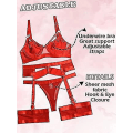 Miniatyrbilde 4 av 5: Sexy Undertøysett for Kvinner 4 Deler BH og Trusesett med Strømpebånd Belte Stroppete Undertøysett med Lår Mansjetter.XXL.rød Red 2XL