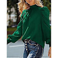 Miniatyrbilde 3 av 5: Dame Lang Puff Erme Topper Skjorte Moderne Elegant Løs Casual Ren Farge Høy Hals Bluse for Arbeid Grønn XL