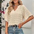 Miniatyrbilde 5 av 5: Aprikos L V-hals Sveitsisk Prikk Topp Dame Vår Sommer Løs Casual Elegant Ren Farge Skjorte Bluse for Kontorarbeid