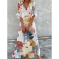 Pikkukuva 3 / 3: Naisten marmorointi kukkakuvioinen rento mekko keinumekko boho mekko pitkä mekko maksimekko vihreä sininen keltainen puolihiha-happygo.3XL.Khaki