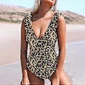 Miniatyrbilde 5 av 5: Dame V-hals Hel Badedrakt Rynket Snøring Monokini Leopardtrykk (stil 6173)