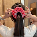 Miniatyrbillede 5 af 5: Æstetiske Scrunchies Elastisk Flerlags Blonde Hårreb Bryllupsfest Strand Hovedbeklædning Store Knolde Hårelastik Ternet Scrunchy Sort Black