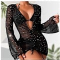 Miniatyrbillede 5 af 5: 3 STK. Dame Bikinis Badedragt Sæt med Langærmet Strandslag, Halterneck Bikini Top og Underdel Sort M M