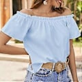 Miniatyrbillede 5 af 5: Dame Kortærmet Top Flæsekant Flæse Bluse Sommer Ensfarvet Off Shoulder Skjorte Blå XL