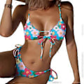 Miniatyrbild 1 av 5: Sexig halterneck-baddräkt i två delar för damer, högskuren stringtrosa, push-up bikiniset, snörning, badkläder, strandkläder, tryck på blå bac S Printing on blue bac S