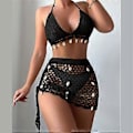 Miniatyrbillede 4 af 5: Dame 2-delt Hæklet Badedragt Muslingeskaller Halter Bikinitoppe og Udhulet Højtaljet Strandnederdel Sæt Gaver Hvid M White M