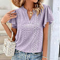 Miniatyrbilde 2 av 5: Lilla XL Hul Ruffle Erme Bluse V-hals Ensfarget Kortermet Bluse Topp for Kvinner Dame Jente