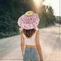 Miniatyrbilde 5 av 5: Bambusvifte Sammenleggbar Solhatt Blomstret Solbeskyttelseshette Lett Multifunksjonell Hul Design Bred Skygge Dame Sammenleggbar Viftehatt (rosa blomst)