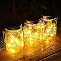 Miniatyrbillede 2 af 5: 3 stk. solcellelamper til haven - 30 LED vejrbestandige solcelle-syltetøjsglas udendørs lanterner, lyskæde i glas, havedekoration solcellelamper til jul, udendørs