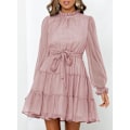 Miniatyrbillede 2 af 3: Kvinders Langærmet Ruffle Rund Hals Elastisk Talje Binde Casual Kort Mini Swing Kjole，XL