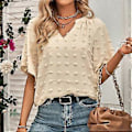 Miniatyrbilde 4 av 5: Aprikos L V-hals Sveitsisk Prikk Topp Dame Vår Sommer Løs Casual Elegant Ren Farge Skjorte Bluse for Kontorarbeid