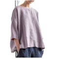 Pikkukuva 2 / 3: Puuvillapellavapaidat naisille Vintage Pyöreä kaula-aukko Kiinteä lyhythihainen.XXL.Violetti