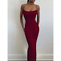 Miniatyrbilde 4 av 5: Dame Lounge Spaghetti Stropp Maxi Kjole Elegant Ensfarget Ermeløs Bodycon Kjole for Strandfest