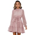 Miniatyrbillede 1 af 3: Kvinders Langærmet Ruffle Rund Hals Elastisk Talje Binde Casual Kort Mini Swing Kjole，XL