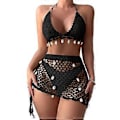 Miniatyrbillede 1 af 5: Dame 2-delt Strand Badedragt Muslingeskaller Hæklet Halter Bikini Badedragt med Sarong Strandtøj Sort M Black M