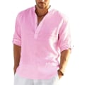 Miniatyrbilde 1 av 2: Langermet linskjorte for menn, fritidsskjorte i bomull og lin, S-5xl topp.XXL.Rosa Pink 2XL