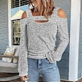 Miniatyrbilde 2 av 5: Dame Cold Shoulder Topp Cut Out Design Ensfarget Mote Langermet Bluse for Hjemmeshopping Grå M