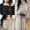 Pikkukuva 2 / 5: Goottilainen satiini iso ruusu riipus choker vyötärönauha kaulakoru naisille elegantti kudottu solmittu rusetti säädettävä ketjukoru beige