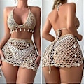 Miniatyrbillede 5 af 5: Dame 2-delt Strand Badedragt Muslingeskaller Hæklet Halter Bikini Badedragt med Sarong Strandtøj Sort M Black M