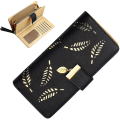 Miniatyrbillede 1 af 4: Dametæske Clutch Bag Bladhængende Mønt Lynlås Lang Tegnebog Sort
