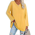 Miniatyrbillede 2 af 5: Dame Bluse Langærmet Skjorte Ensfarvet Pullover V-hals Løs Kant Afslappet Design Gul M