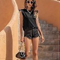 Miniatyrbillede 4 af 5: Løs Slim Tanktop til Kvinder, Ensfarvet Bomuld, Ærmeløs Vest, Rund Hals, Skulderpuder, T-shirts Sort (style5552)