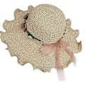Miniatyrbilde 1 av 5: Dame Solhatt i Strå, Sammenleggbar Bredbremmet Sommerhatt med Blomst, Anti-UV Beskyttelse for Reiseferie Beige