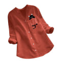 Miniatyrbild 1 av 5: Damskjorta Printed ficka bomull Linne blus V-hals Casual långärmad skjorta Button Down Top Kläder Orange XXL