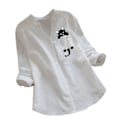 Miniatyrbild 1 av 5: Damskjorta Printed ficka bomull Linne blus V-hals Casual långärmad skjorta Button Down Top Kläder White L
