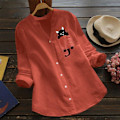 Miniatyrbild 3 av 5: Damskjorta Printed ficka bomull Linne blus V-hals Casual långärmad skjorta Button Down Top Kläder Gray L