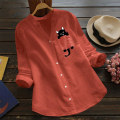 Miniatyrbild 3 av 5: Damskjorta Printed ficka bomull Linne blus V-hals Casual långärmad skjorta Button Down Top Kläder Orange M