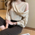 Miniatyrbillede 3 af 5: V-hals Slank Kvinder Off-Soulder Langærmet Chiffon Bluse Autumn Elegant Satin Skjorte Solid Ol Toppe Pink M