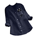 Miniatyrbild 1 av 5: Damskjorta Printed ficka bomull Linne blus V-hals Casual långärmad skjorta Button Down Top Kläder Blue L