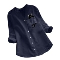Miniatyrbild 1 av 5: Damskjorta Printed ficka bomull Linne blus V-hals Casual långärmad skjorta Button Down Top Kläder Blue M