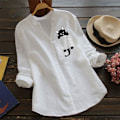 Miniatyrbild 4 av 5: Damskjorta Printed ficka bomull Linne blus V-hals Casual långärmad skjorta Button Down Top Kläder White M